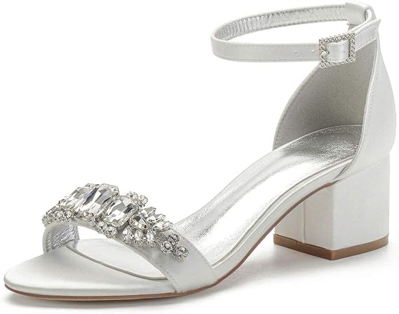 Charmstep Womens Wedding Sandals for Bride Low Block Heel Satin Rhinestones Ankle Strap Open Toe Party Bridal Shoes 702-6