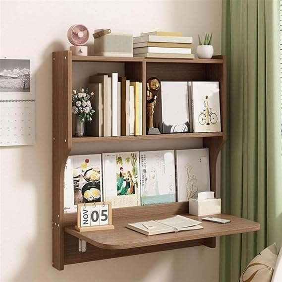 Wall Mounted Folding Table, Floating Desk for Wall with Storage Shelves, Space Saving Wall Desk Fold Down for Home, Office, Bedroom(Brown)
