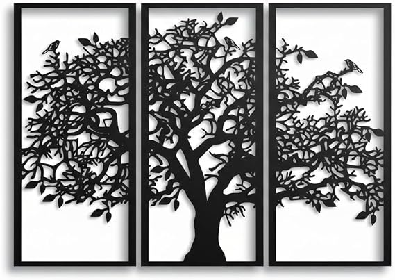 3 Panels Family Tree Metal Wall Decor Tree of Life Metal Wall Art, Home Bedroom Living Room Decor 3D Wall Art 3 Panels Family Tree Metal Wall Decor Modern Decoration (Black, 30"W x 20"H/76x51cm)