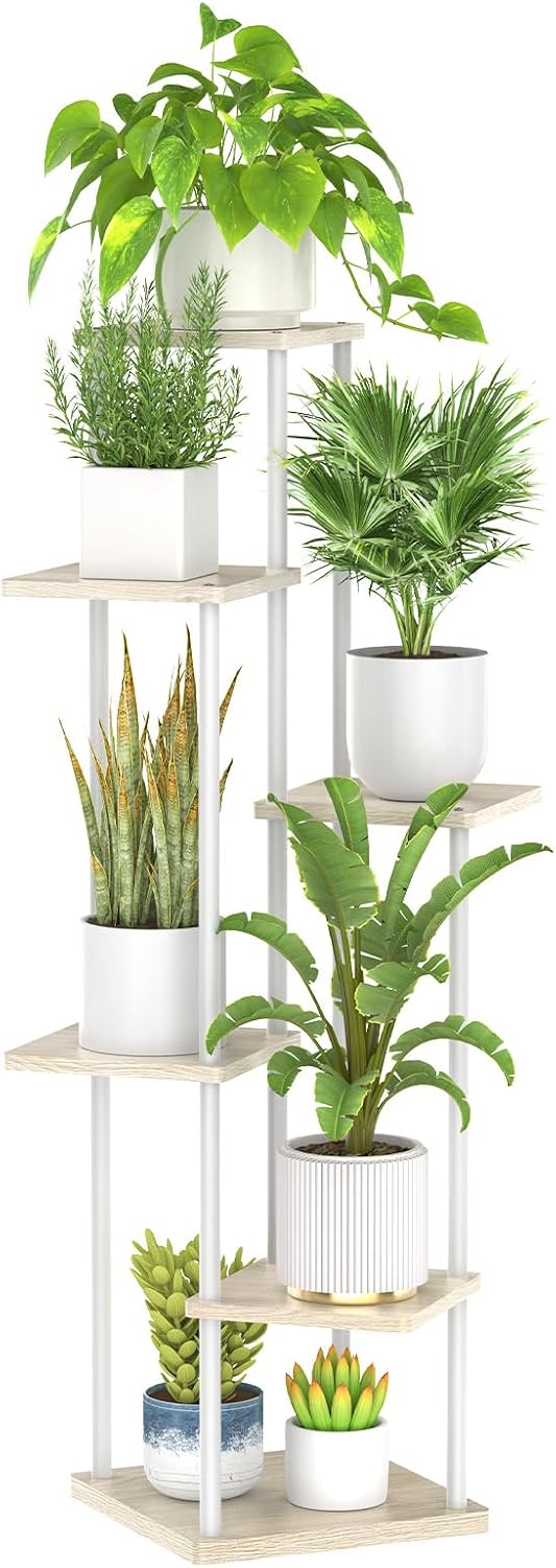 6 Tier Tall Corner Plant Stands Indoor Outdoor, 115cm Large Metal Wood Plant Stand Flower Shelf for Multiple Plants, Tiered Plant Holder Rack for Balcony Garden Patio Living Room White