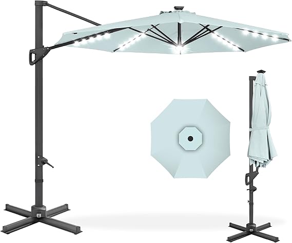 Best Choice Products 10ft Solar LED Cantilever Patio Umbrella, 360-Degree Rotation Hanging Offset Market Outdoor Sun Shade for Backyard, Deck, Poolside w/Lights, Easy Tilt, Cross Base - Baby Blue