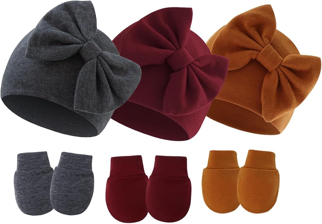 Baby Fontanel Hat Newborn Girl Infant Hospital Hats Cotton Elastic and Soft Bow Beanie with Non-Scratch Mittens for Toddler (US, Age, 0 Months, 6 Months, Dark Gray/Burgundy/Caramel)