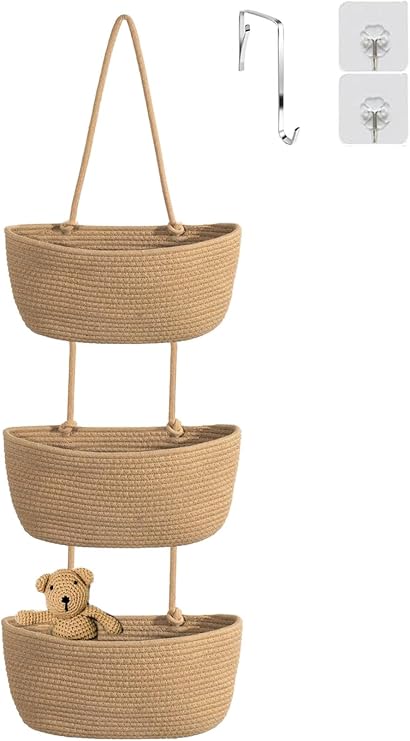 YYaaloa Woven Cotton Hanging Baskets for Organizing Decor 3-Tier Over the Door Wall-Mounted Storage Bag Nursery Baskets for Organizing Living Room, Bathroom and Bedroom (Brown)