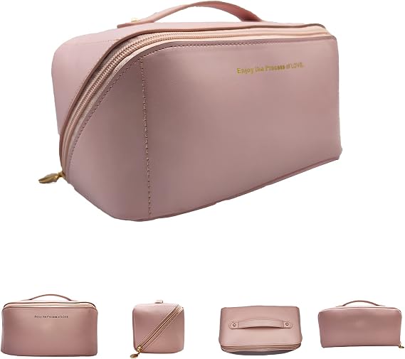 Large Capacity Travel Cosmetic Bag,Leather Multifunctional Storage, with Handle and Divider Travel Cosmetic Bags for Women,Opens Flat for Easy Access,Waterproof Portable Makeup Bag (pink)