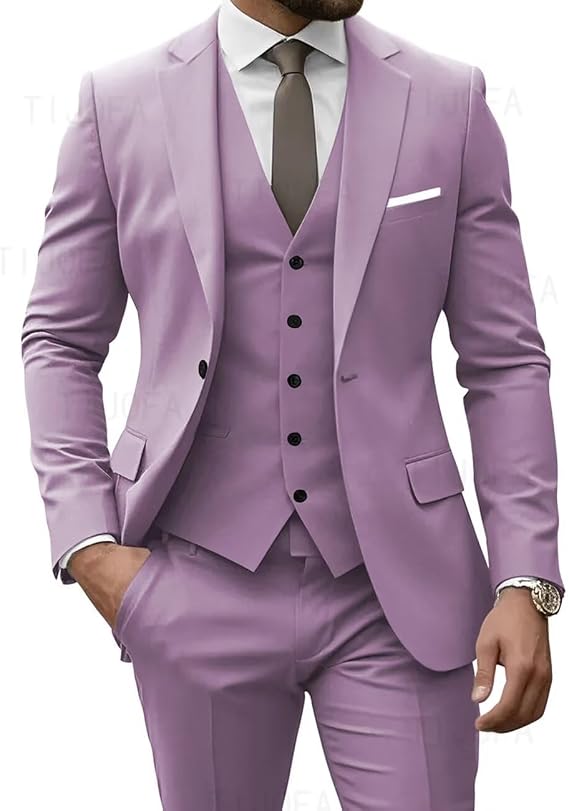Mens 3 Piece Slim Fit One Button Mens Suit Jacket Solid Business Casual for Wedding Blazer Pants Vest Suit Set