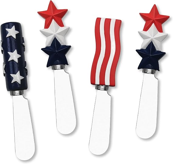 Supreme Housewares Americana Patriotic Cheese Spreaders, Hand-Painted Resin Handles with Stainless Steel Blades for Spreading Cream Cheese, Butter, and Jam, Assorted Designs, Set of 4