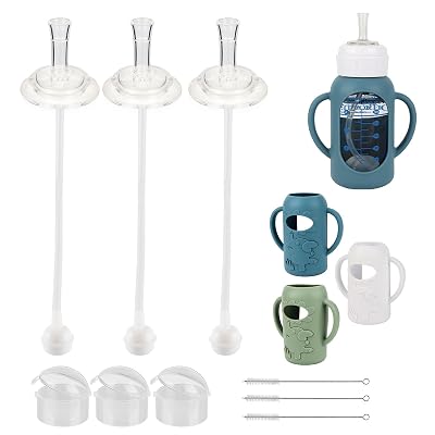 Straw Cup Conversion Kit with Silicone Sleeves for Dr. Browns Narrow Glass Baby Bottle 4oz, Weighted Straw Replacement Kit with Soft Straw Top and Handle,3-Pack,8m