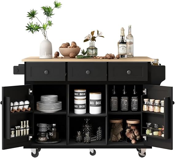Rolling Kitchen Island with Storage, Kitchen Cart on Wheels with Drop Leaf, 53 Inch Width, Two Door Cabinet and Three Drawers (Black)