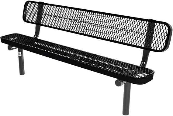 COATEDOUTDOORFURNITURE Bench, Black, Expanded, 6Ft, with Back, Inground