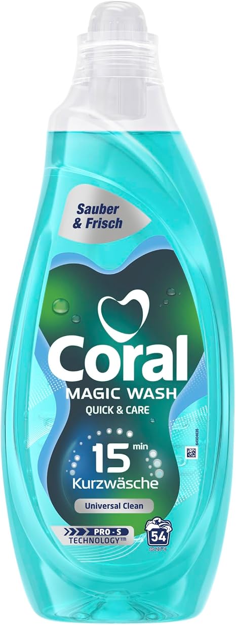 Coral Magic Wash Quick & Care Detergent Universal Clean 54 WL 15 minutes short wash thorough cleaning fresh premium fragrance PRO-S technology 54 WL liquid detergent