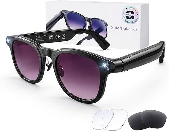 AI Smart Glasses with Camera, 8MP HD Bluetooth Camera Glasses, 1080P Video Recording Sunglasses for Women Men, Real Time Translation, Voice Assistant, Open Earbuds for Travel, Work Vlog (3 lenses)