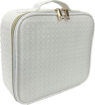Large Black Makeup Organizor, Cosmetic Case, Large Travel Makeup Bag with Adjustable Dividers Soft Handle, Portable PU Leather Waterproof Basketweave Toiletry Bag Artist Storage Bag, White