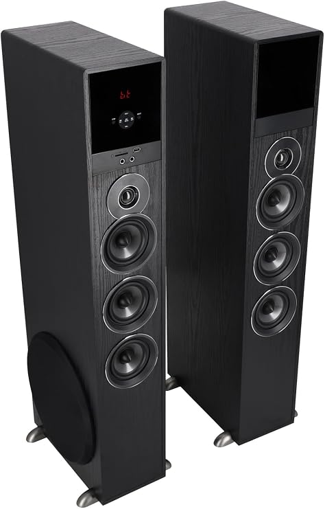 Rockville TM150B Powered Home Theater Tower Speaker System, Black, 1000W, 10" Subwoofers, Bluetooth, USB/SD Playback, FM Radio, Remote Control, Karaoke Ready, Perfect for Home Entertainment | 1000W Peak / 250W RMS, Bluetooth, USB/SD Playback, Optical Input, 8-Band EQ, Karaoke Mic Inputs, FM Radio, Remote Control