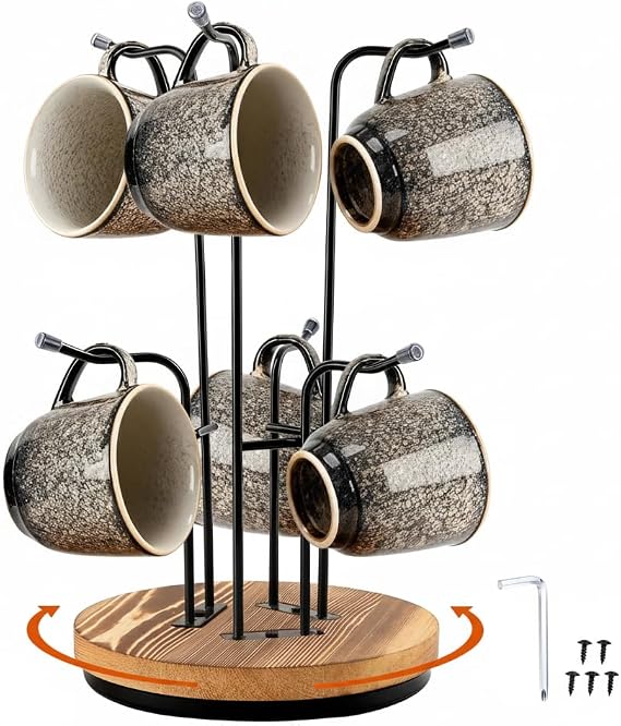 Mug Holder Tree, 360 Rotating Large Coffee Cup Rack, Cup Holder Stand with 6 Hooks for Countertop, Metal Cup Tree Rack with Weighted Wood Base, Kitchen & Coffee Bar Accessories