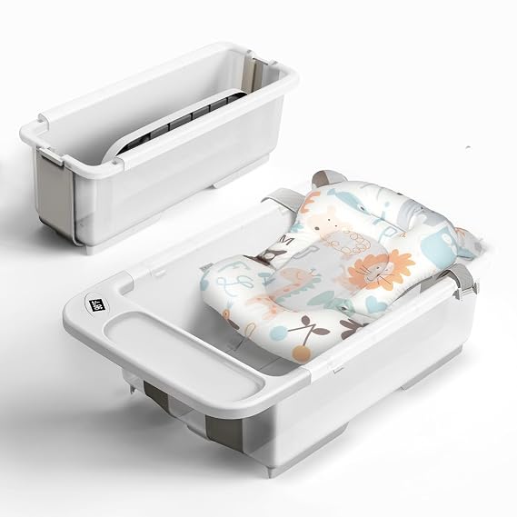 Collapsible Baby Bathtub - Large Capacity Baby Bath Tub with Thermometer & Soft Cushion | Portable Travel Newborn Infant Bathtub | Foldable Toddler Bathtub for Baby 0 to 36 Month, no stand, Light Grey
