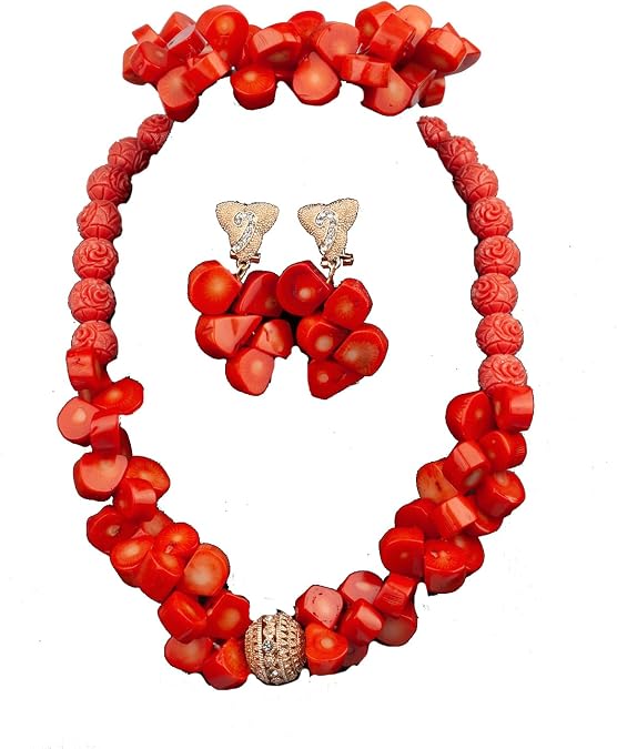 Orange Coral Necklace Bracelet Earrings,Chunky Multilayer Statement Choker Necklace,Nigerian Dubai Wedding African Bridal Coral Beads Jewelry Set for Women(Ball)