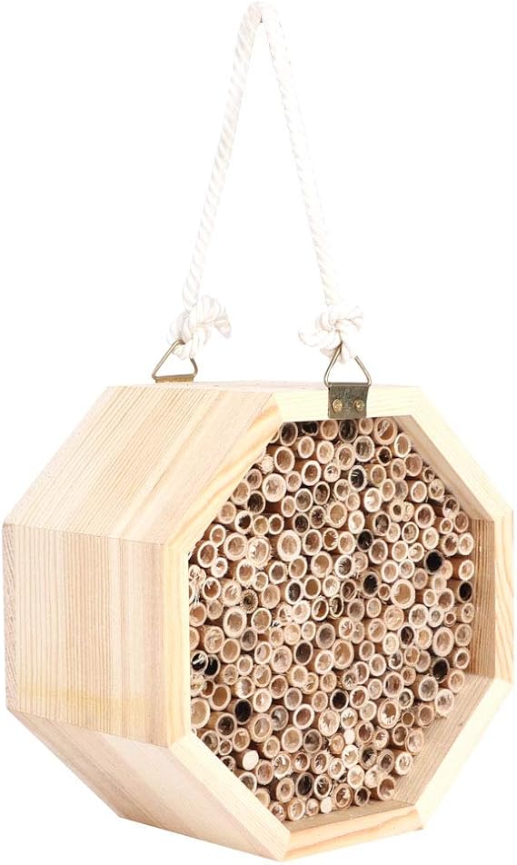 Mason Bee House Wooden Hexagon Bee Habitat Room Hotel Nesting Box Backyard Hanging Decoration