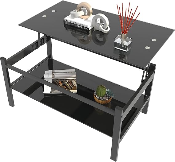 ODUSE-DAILY Black Lift Top Coffee Table, Modern Black Glass Coffee Table for Living Room, 21.3"D x 37.8"W x 17.7"H