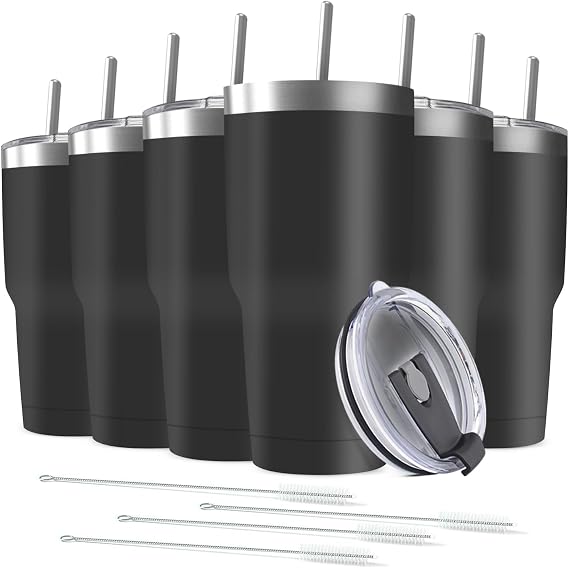 30oz Stainless Steel Travel Mug with Lid, 6 Pack Double Wall Vacuum Insulated Bulk Tumbler with 6 Straws, Powder Coated Coffee Cup Suitable for Vehicle Cup Holders(Black)