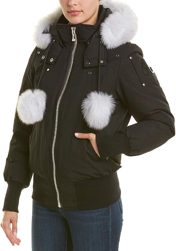 Moose Knuckles womens Debbie Bomber Down Jacket With Fur Pom Pom