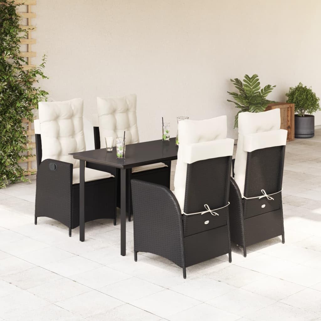 Garden Dining Set, 5-Piece Black Woven Rattan Patio Furniture with Tempered Glass Table, Outdoor Chairs for Balcony Deck Backyard