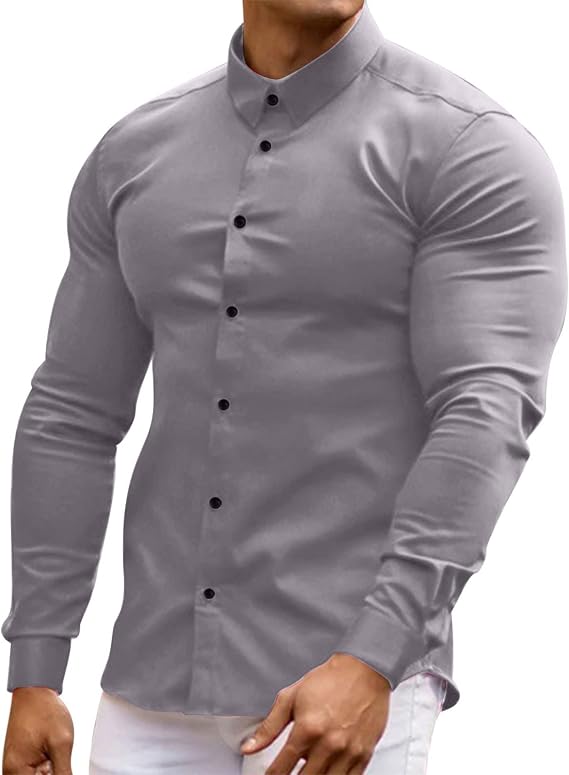 Mens Tshirts Casual Stylish Button Down Solid Long Sleeve Muscle Dress Shirt Fashion Work Fitness Trendy Clothes
