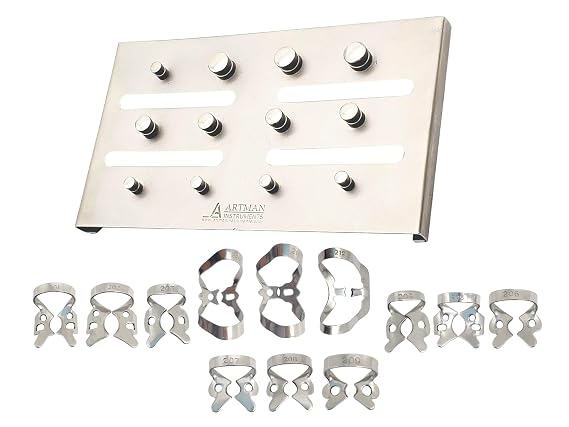 ARTMAN Instruments Rubber Dam Clamps Set of 12 with Autoclavable Organizer Stand Rack Dental Isolation Tools for Professional Use