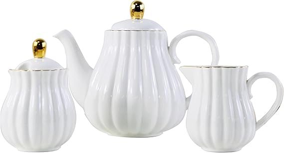 Ceramic Tea Set, Teapot& Milk Jug& Sugar Bowl (White)