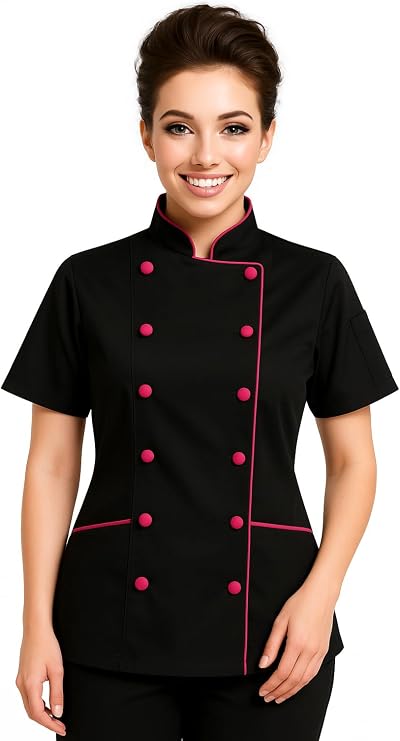 Short Sleeves only Women's Ladies Chef's Coat Jackets (S (for Bust 34-35), Black/Pink Trim)