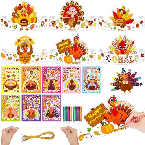 Konsait 24 PCS Color Your Own Thanksgiving Headband Make a Turkey Stickers Set Thanksgiving Party Supplies Turkey Crafts for Kids School and Home Activities