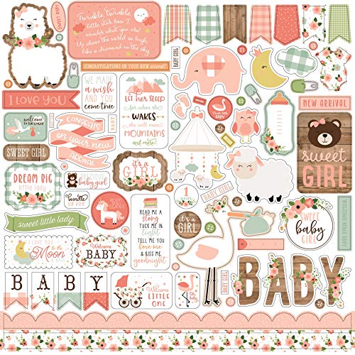 Echo Park Paper Company Baby Girl Element Sticker paper, 12-x-12-Inch, pink, yellow, green, blue