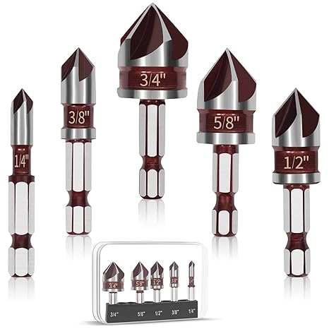 5 PCS Countersink Drill Bit Set, 82-Degree HSS, Size 1/4"-3/4" | Premium HSS, Counter Sink Drill Bit for Wood, 5-Flute Quick-Change Hex Shank for Plastic and Metal