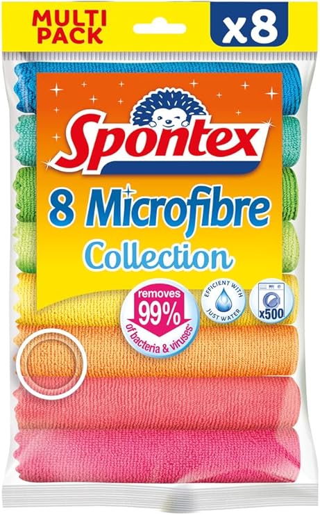 Spontex Microfibre Cloths for Cleaning 8 Microfibre Collection Cleaning Cloths For Use as Dusters, Dish Cloths & Kitchen Towels 30 x 30cm Assorted Colours 8 Count