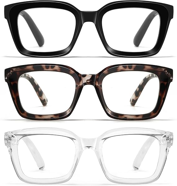 Oversized Reading Glasses for Women - 3 Pack Square Blue Light Readers with Spring Hinge (Black+Leopard+Transparent, 0, Diopters)