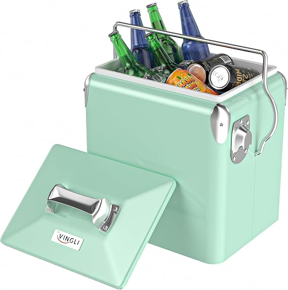 VINGLI 14qt Small Insulated Portable Cooler, Retro Vintage Classic Style Hard Metal Cooler for Barbeques, Camping, Fishing and Picnics