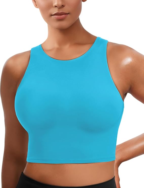 Sports Bras for Women with Support, High Neck Double Lined Padded Crop Tank Tops, Workout Push Up Compression Bralettes with Built Seamless, Cute Pull Over Gym Athletic Bras Molded Cup Blue