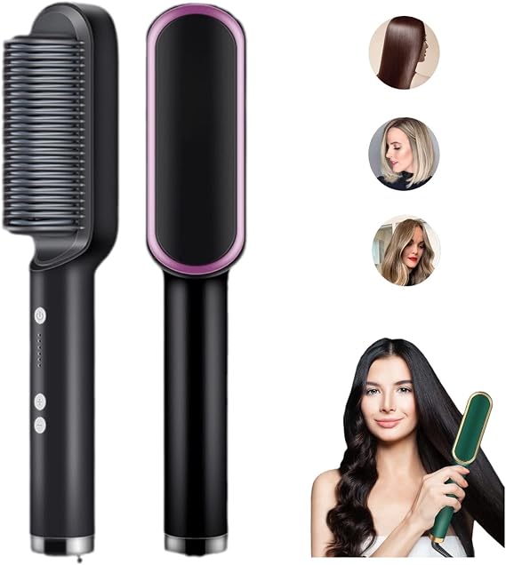 2023 Negative Ion Hair Straightener Styling Comb with 5 Temp, 2 in 1 Brush and Curler, Portable Electric Straightening Heated 10s Fast Heating Anti-Scald (Black)