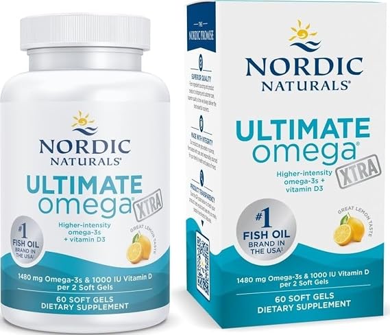 Nordic Naturals Ultimate Omega Xtra, 1480mg + 1000 IU D3, EPA&DHA 60 Count | Brain, heart & immune support. 1480mg EPA+DHA for brain & heart health. 1000 IU D3 for immune health. Lemon, 30 Servings