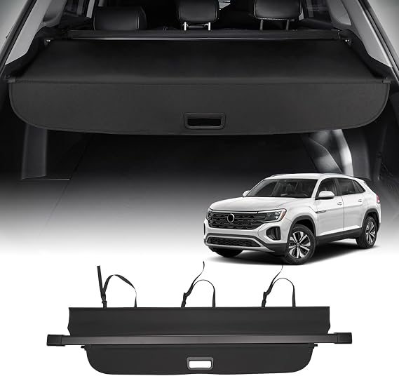 Powerty Cargo Cover for 2018-2024 VW Atlas(NOT for Cross Sport), Canvas Trunk Cover Privacy Screen Rear Security Shade for Volkswagen Atlas Accessories(with Extented Cover)