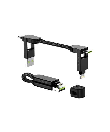 Rolling Square inCharge X Keychain with USB-C Cable Universal Smartphone Cable Gift for Men 6-in-1 Universal Charger for Smartphones Tech Gadget Black Lightning Cable 100W