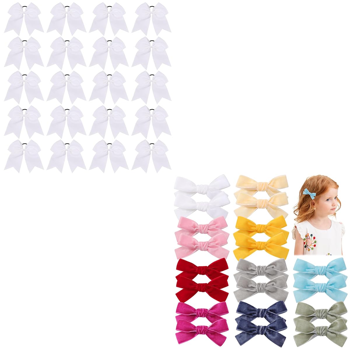 YHXX YLEN 20 PCS Cheer Hair Bows Large Cheerleading Hair Bows with Ponytail and 20PCS Velvet Hair Bow for Girls Fully Lined Bow Clips Handmade Hair Accessories for Girls Newborn Infant Kids Toddle