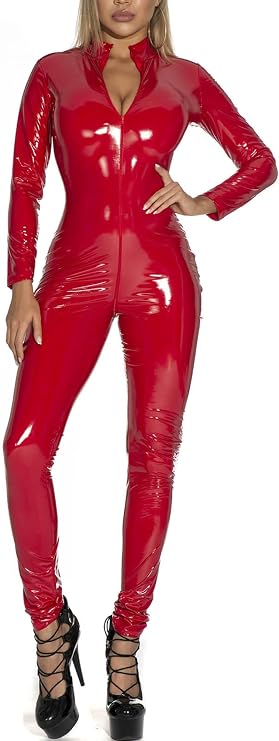 Women's Glossy Patent Leather Bodysuit Wet Look Leotard Stand Collar Long Sleeve Zipper Catsuit