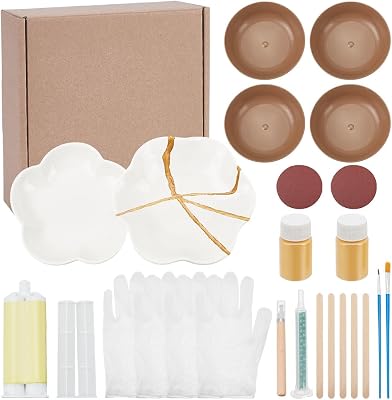 WEBEEDY 26 Pcs Kintsugi Repair Kit Gold,Complete and Modern Kintsugi Kit with Practice Ceramics & 50ml Glue for Beginners to Repair Broken Ceramics DIY Art Kits and Gift Sets