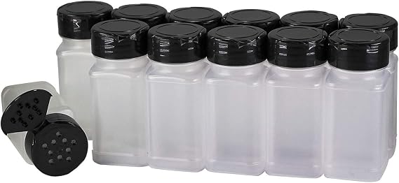 Pinnacle Mercantile Square 4oz. Spice Jars w/Sifter Black Lids (12-Pack) Empty, Reusable Containers for Herbs, Seasonings, Confectionary Toppings | Heavy-Duty Plastic