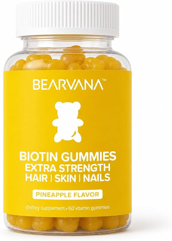 BEARVANA Biotin Gummies Extra Strength | Hair Skin & Nails Vitamins with Biotin, Vitamin C, E, B6 & B12 | Vegan Gummy Vitamins | Pineapple Flavor | 60 Gummies