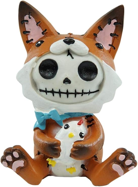 Ebros Furry Bones Fen Fen The Fox Skeleton Figurine 3" H Furrybones Red Fox with Chicken Doll Costume Hooded Voodoo Skeletons Skulls Macabre Collectible Sculpture Decorative Accent