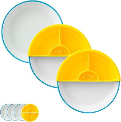 Omie Easy Scoop Toddler Plate, Made from Plants No Plastic | Curved Design for Independent Self Feeding, Premium Stain Resistant Plate | 3 Plates  2 Silicone Dividers | Blue