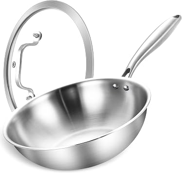 LOLYKITCH 13 Inch Stainless Steel Wok with Glass Lid, Tri-Ply Stir Fry Pan with Detachable Handle, Uncoated Cooking Wok for Induction & Glass, Flat Bottom, SGS Certified Cookware