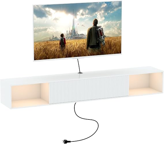 55" Floating TV Stand with LED Light, Floating TV Stand Wall Mounted, Floating Entertainment Center with Storage Long for Bedroom, Wood Floating TV Shelf for Living Room (White)