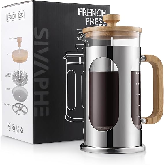Sivaphe 8 cup French Press Coffee Maker No-Plastic, Borosilicate Glass Bamboo Lid and Handle Coffee Tea Press 34 oz